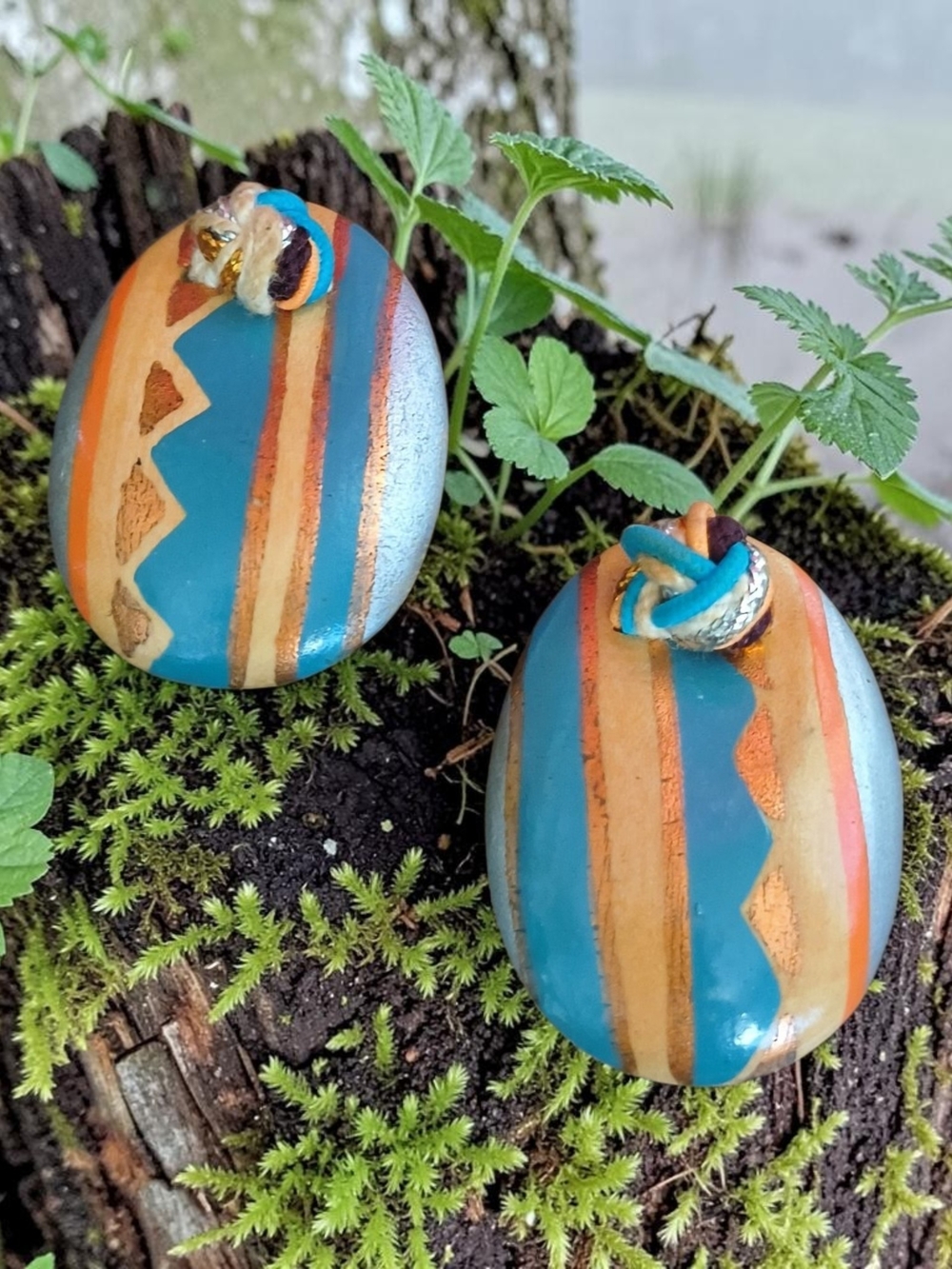 Blue and Copper Striped Oval Drop Clip On Earrings